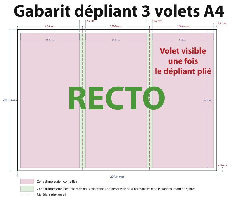 Gabarit recto pour un dépliant 3 volets A4 ouvert 10x21cm fermé