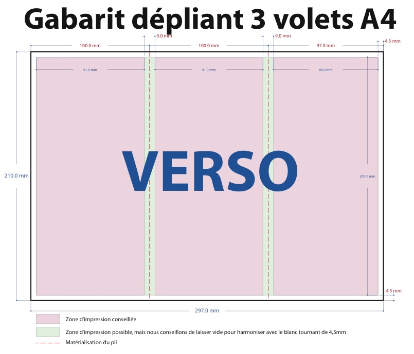 Gabarit verso pour un dépliant 3 volets A4 ouvert 10x21cm fermé